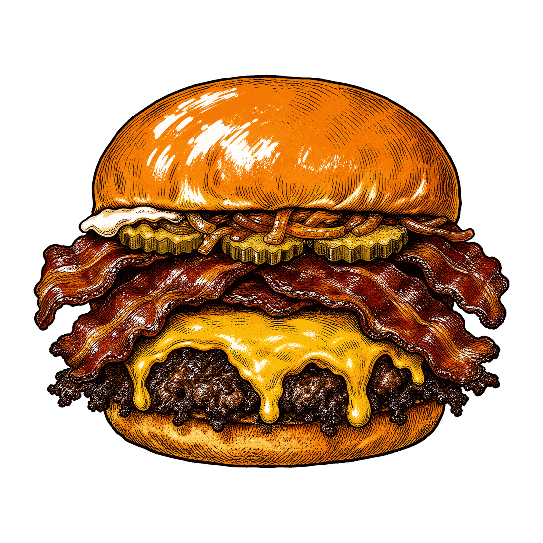 Goldies smash burger with a crispy-edged patty, melted cheddar, stacked bacon, pickles and fried onions on a toasted brioche bun, drawn in a bold comic style